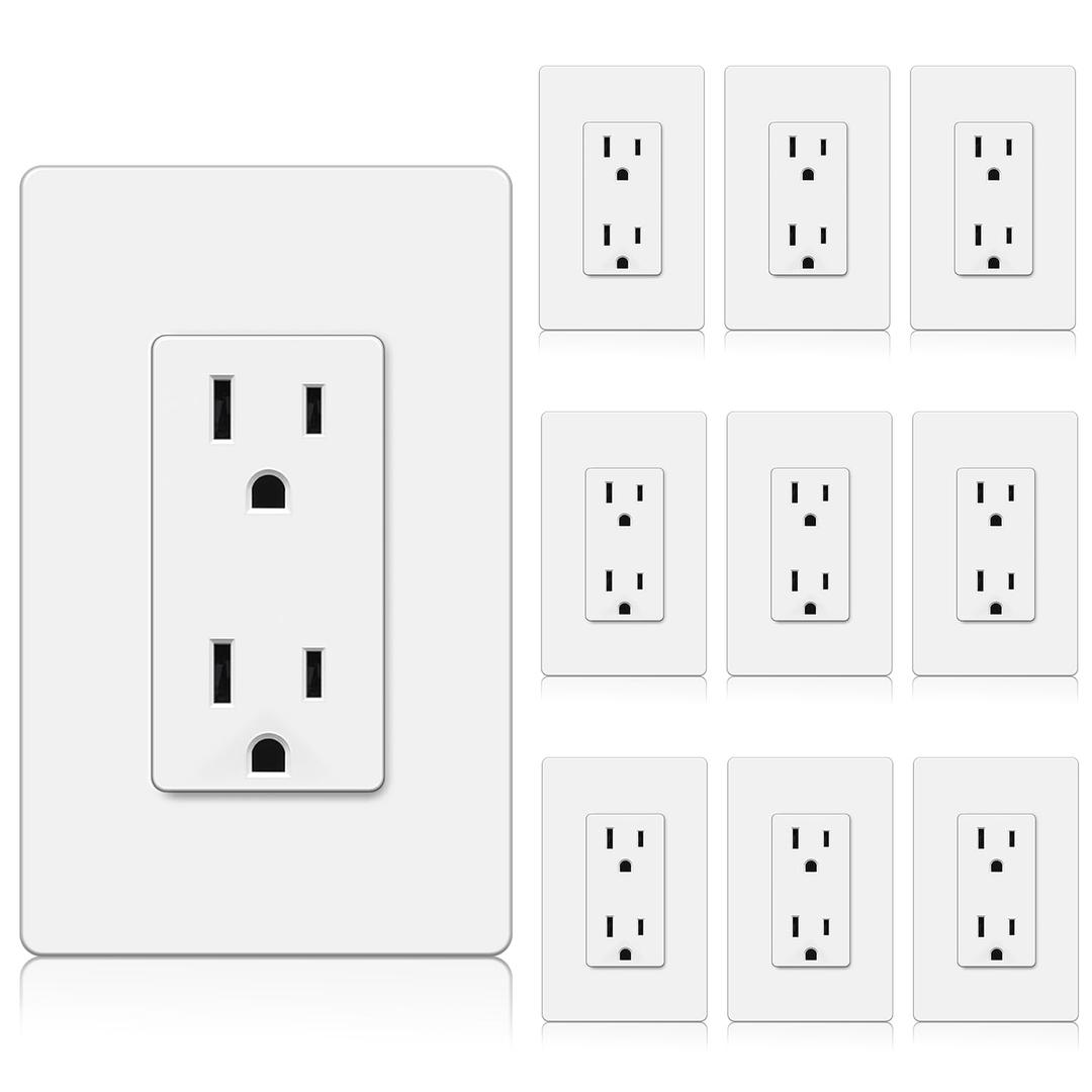 BESTTEN Decorator Receptacle Outlet, 15 Amp Standard Electrical Wall Outlet with Screwless Wallplate, Non-Tamper Resistant, 15A/125V/1875W, UL Listed, 10 Pack, White