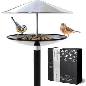 HYBIRD Bird Feeder and BirdBath Combo with Stand – Rust Proof Stainless Steel Metal Bird Feeder with Aluminum Pole is Frost Proof and Weatherproof, Attracts Cardinals, Chickadees, Finch, Wild Birds
