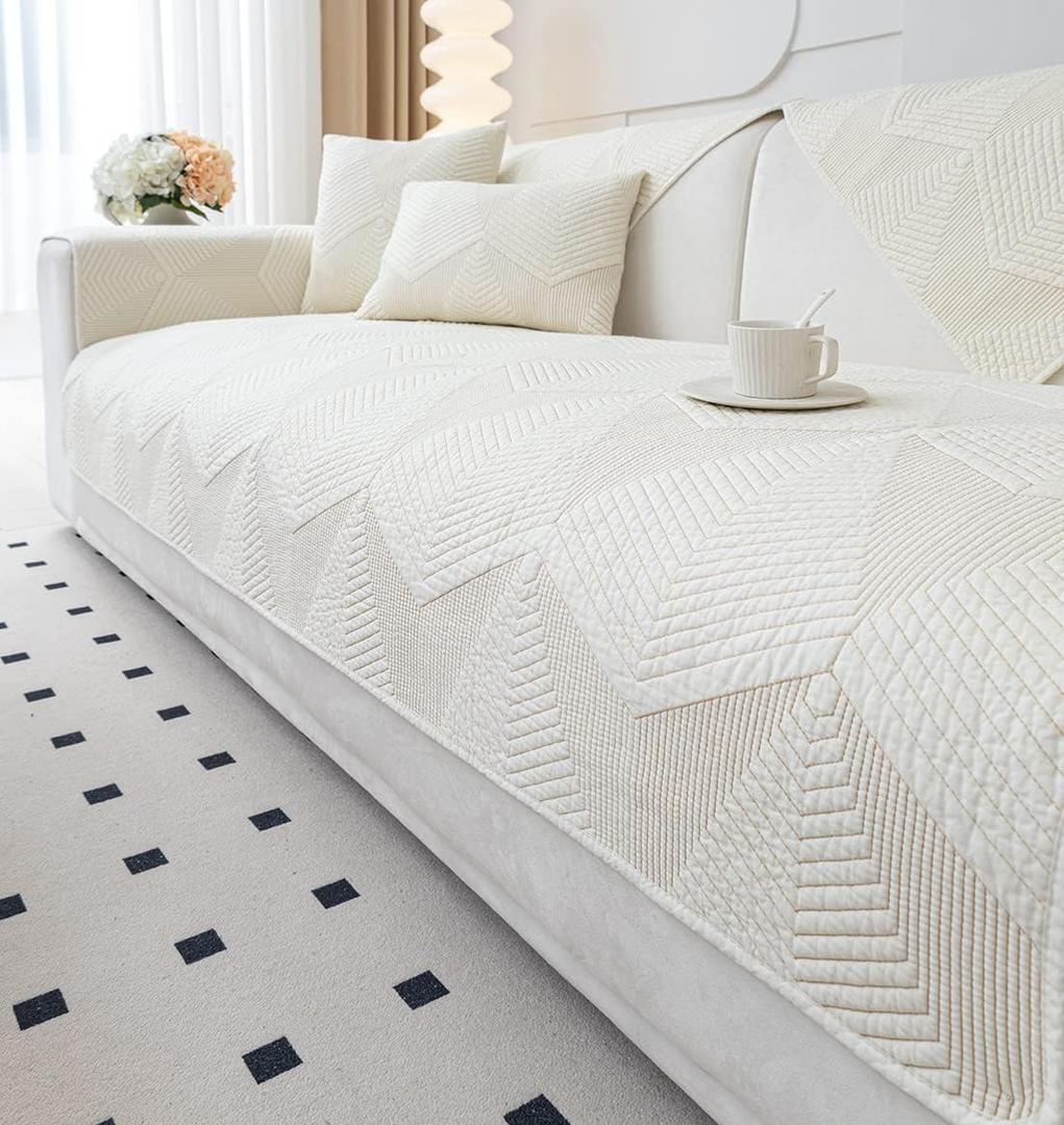 vctops Farmhouse Solid Color Embroidery Sofa Couch Cover Cotton Quilted Sectional Couch Covers Washable Non Slip Sofa Slipcover for Dogs, Children, Pets Furniture Protector (Cream,36"x36")