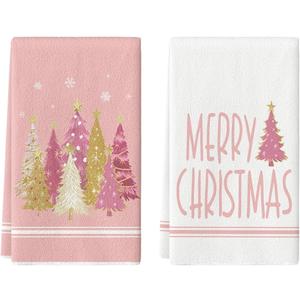 Artoid Mode Pink Xmas Tree Merry Christmas Kitchen Towels Dish Towels, 18x26 Inch Farmhouse Star Holiday Winter Decoration Hand Towels Set of 2