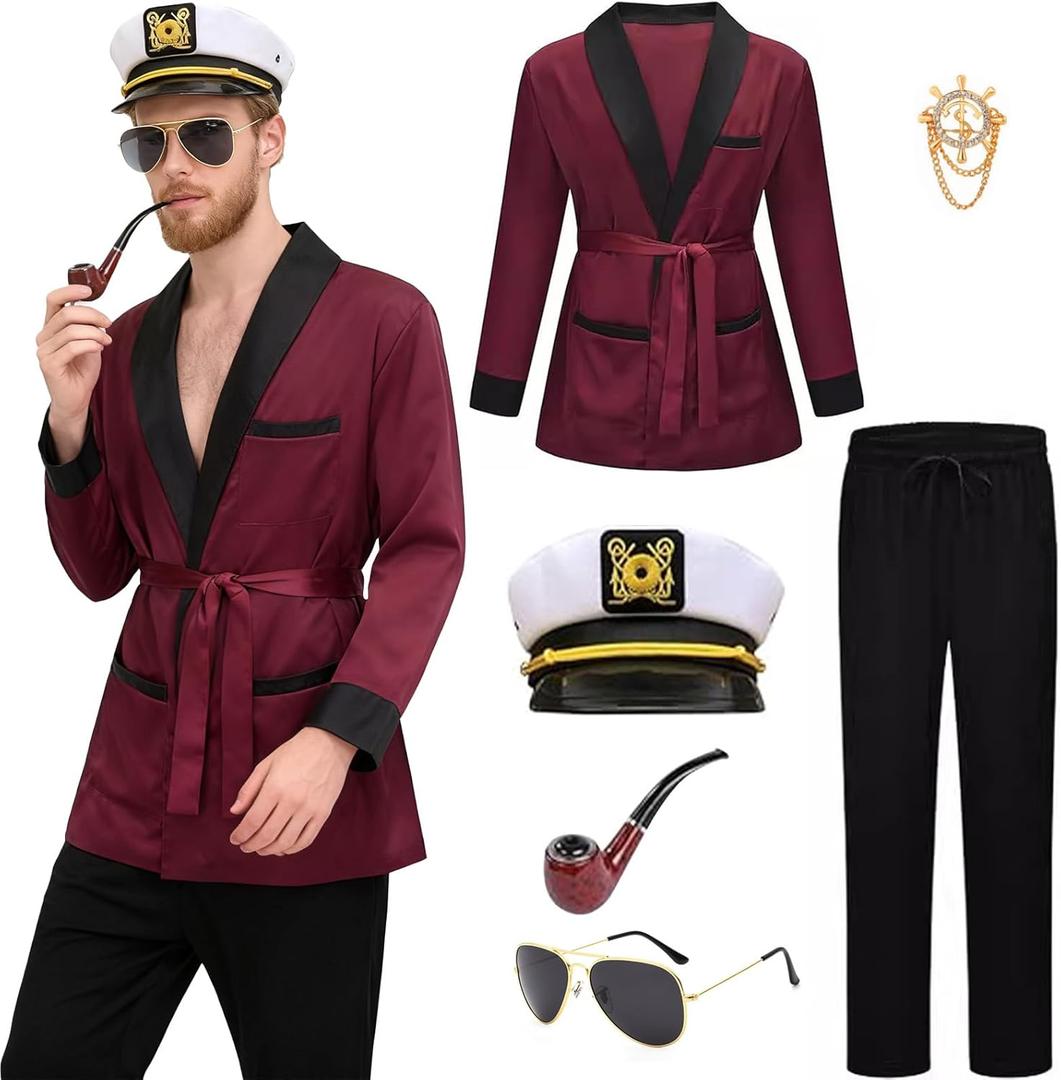 Kicpot Men Red Silky Robe Jacket Captain Halloween Costume Set Pajama Outfits Adult Men Women Sailor Hat Sunglasses (Medium)
