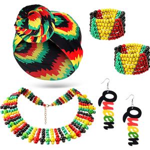 Yinkin 5 Pcs Jamaica Women's African Headband Jewelry Earrings Multicolor Beaded Jamaican Bracelet Headwraps Set Beaded Set Stretch Headband Halloween for Women