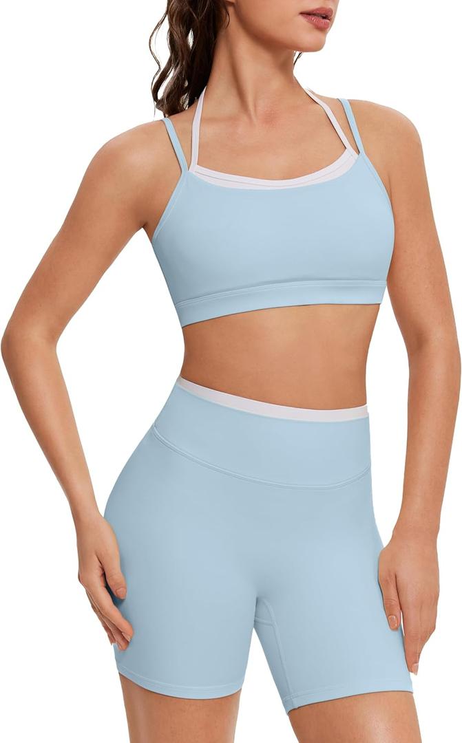 OMKAGI Workout Sets for Women Cute Doubel Layer Open Back Sports Bras Gym Shorts Outfits (Medium, Baby Blue)