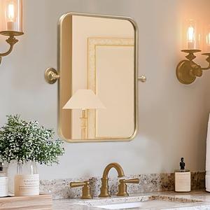 SeekElegant Gold 20" X 24" Pivot Mirror for Bathroom, Metal Frame Rounded Rectangle Mirror, Tilting Vanity Mirror for Wall Mounted, Hangs Vertical Only, Overall 24.49 x 24 Inches