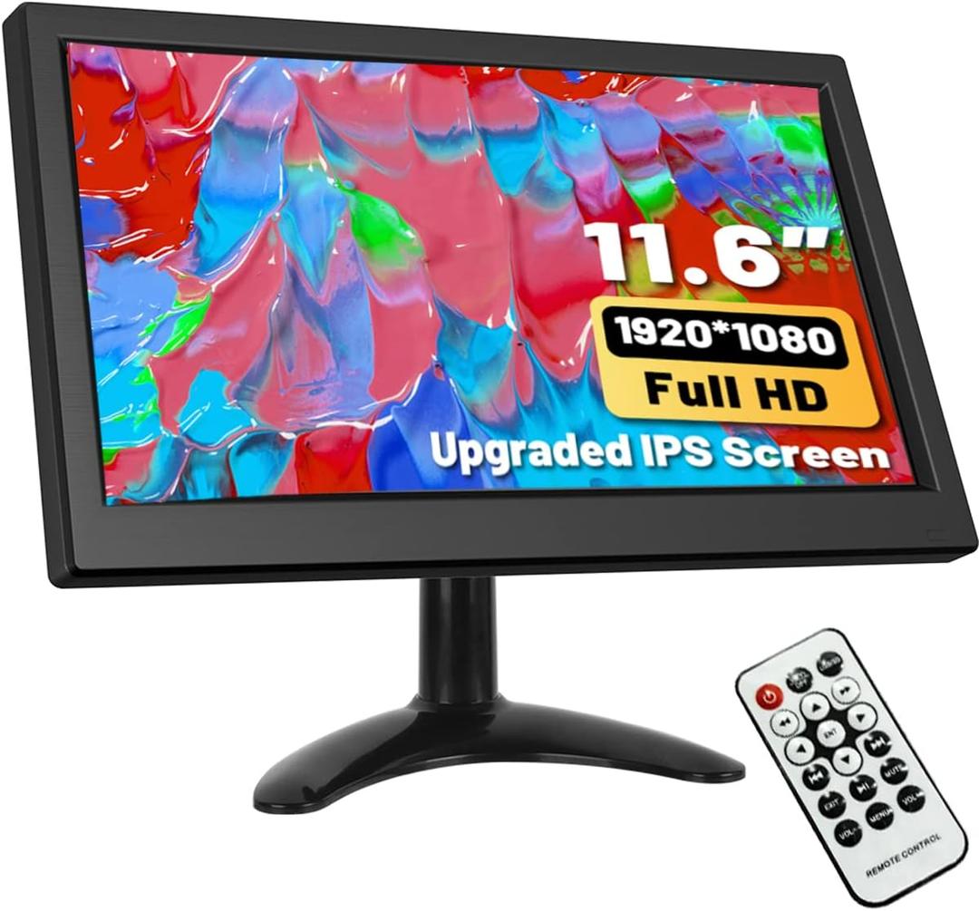 Hikity 11.6 Inch Small HDMI Monitor 1920x1080P Portable CCTV Monitors with BNC, AVI, VGA, HDMI Input Cable, Remote Control, Built-in Speakers, for PC, CCTV, Security Camera, Raspberry Pi, X-Box