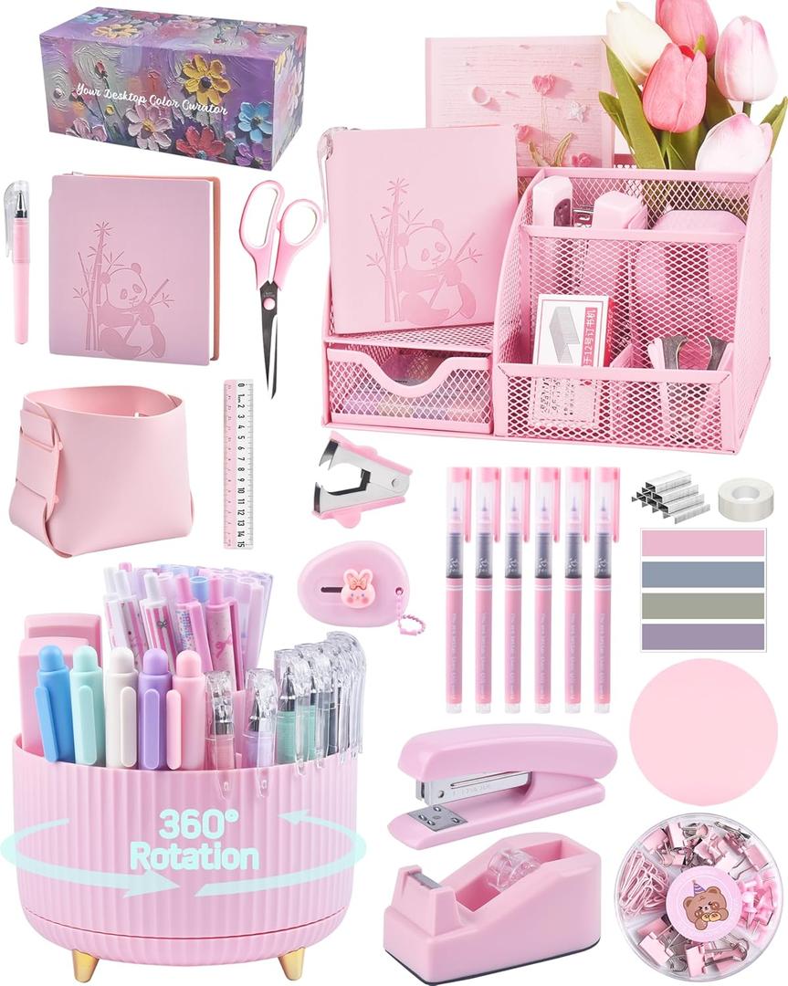 Vamrak Pink Desk Accessories and Organizers with Desk Organizer and 360°Rotating Pen Holder stapler Pen and a Lot of Office Pink Office Supplies Beautifully Presented in a Gift Box