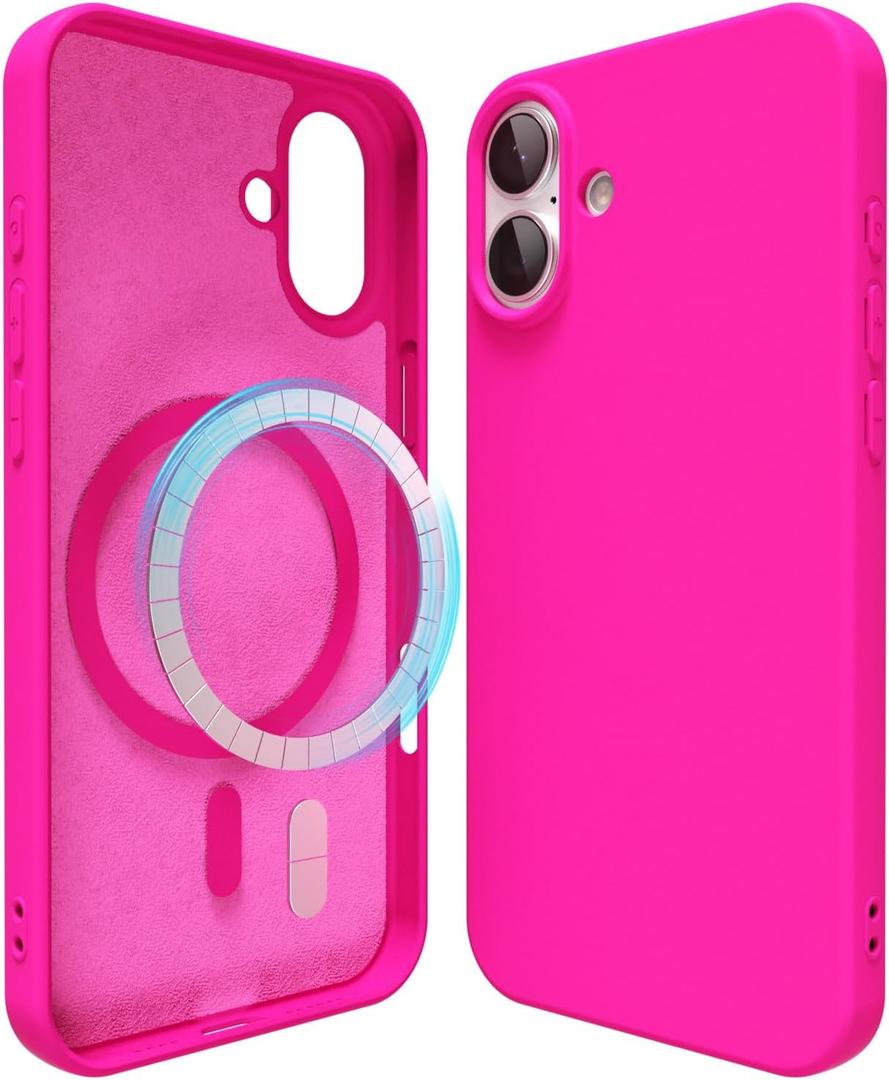 oakxco Silicone Case for iPhone 16 Plus Case Magnetic, Compatible with Magsafe Wireless Charging, Slim Thin Soft Rubber, Girly Cute Bright Hard Mag Safe Cover for Women, Fluorescent Neon Hot Pink