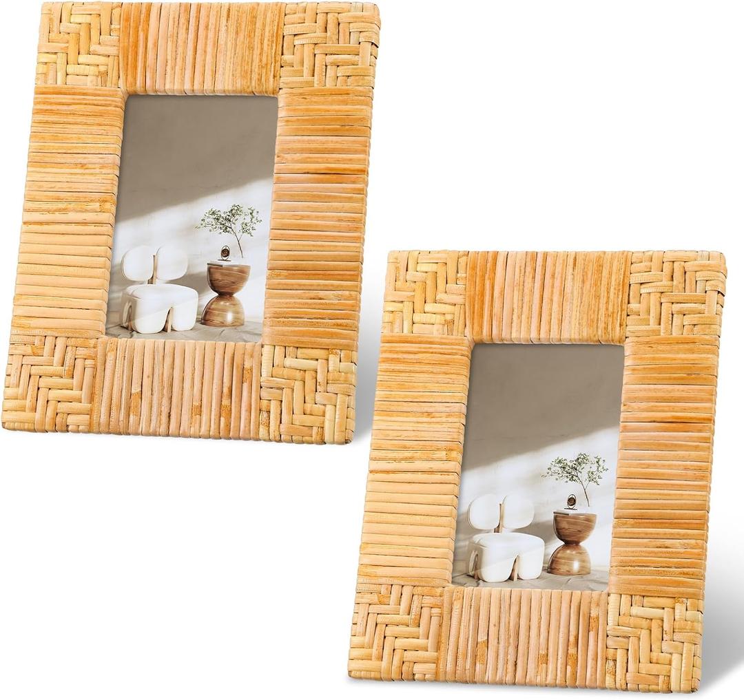 RattanView 2 Pcs 4 x 6 Inch Rattan Picture Frame Family Boho Photo Frame Beige Farmhouse Style Coastal Picture Frames
