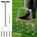 Stainless Steel Lawn Aerator, Manual Aerator for Lawn with 4 Hollow Tines, Hand Scarifier with Anti-Clogging Design & Cleaning Tool, Floor Aerator for Lawn Care & Healthy Soil