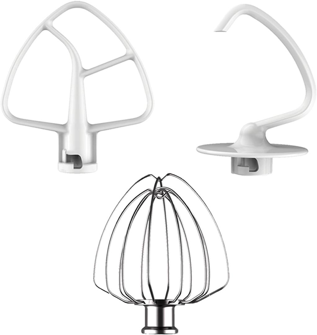 3 Pack Mixer Attachments Set for KitchenAid 4.5-5 Quart Tilt-Head Stand Mixers, Replacement Parts Kit with K45DH Dough Hook, K45B Coated Flat Beater, Stainless Steel K45WW Wire Whip, Dishwasher Safe