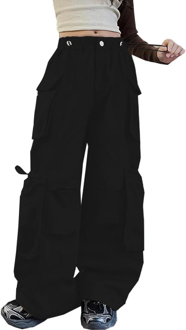 SANGTREE Kids Girls' Vintage Multi-Pocket Cargo Pants Solid Color Streetwear, Black, 13-14 Years = Tag 170