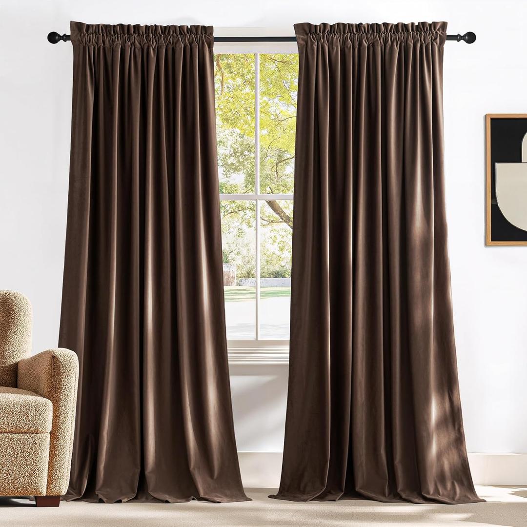 NICETOWN Brown Velvet Blackout Curtains 96 inches Long, Room Darkening Home Decor Light Blocking Thermal Insulated Rod Pocket Drapes for Theater and Movie Room (Set of 2, 52 x 96)