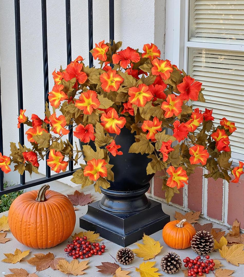 HyeFlora Artificial Fall Flowers for Outdoors Decoration 2PCS Autumn Faux Morning Glory Look Real Silk Flowers for Outside Planter UV Resistant Fake Flowers for Home Garden Balcony Yard Porch Deco