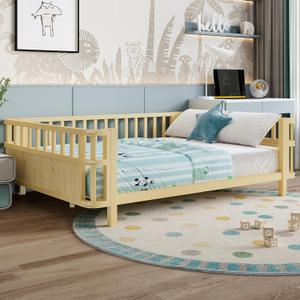 Metal Full Size Montessori Bed with Fence & Slats, Platform Bed Frame with Detachable Side Rails, Rounded Corners, Safe & Easy Assembly, Natural Montessori Bed Full Size