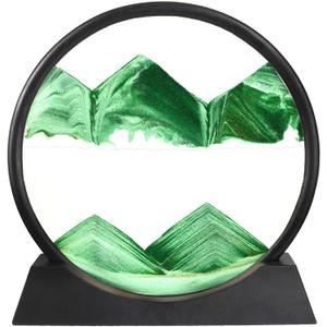 Arthink Moving Sand Art Picture in Motion Round Glass 3D Deep Sea Landscape, Dynamic Sand Art Sandscapes, Sensory Relaxing Desktop Table Decor Desk Decor Art Desk (7 inch, Green)