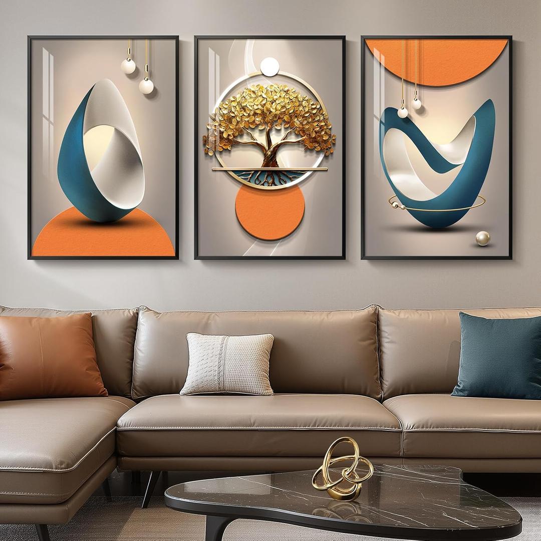 Framed Modern Large Wall Art for Living Room, Bright Style Abstract Paintings Artwork for Walls, Set of 3 Piece Contemporary Luxury Wall Art Prints, Big Pictures for Office Wall Decor -Total 30" x 60"