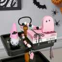 Pink Halloween Decorations 5PCS Table Centerpieces, Cute Girlie Tabletop Halloween Decor for Tiered Tray Shelf Mantel Fire Place Office Desk Rustic Farmhouse Wood Faux Book Stack and Ghosts Sign