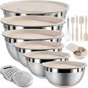 Mixing Bowls with Airtight Lids Set, 20 PCS Kitchen Gadgets Set, 6 Stainless Steel Bowls,3 Grater Attachments, Non-Slip Silicone Bottoms, Great for Serving & Baking, Size 5, 4, 3.5, 2.1, 1.5, 1.1QT (Khaki)