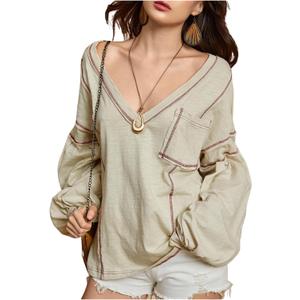 SOLY HUX Women's Long Sleeve Shirts Oversized Drop Shoulder V Neck T-Shirt Vintage Tops (Beige, S)