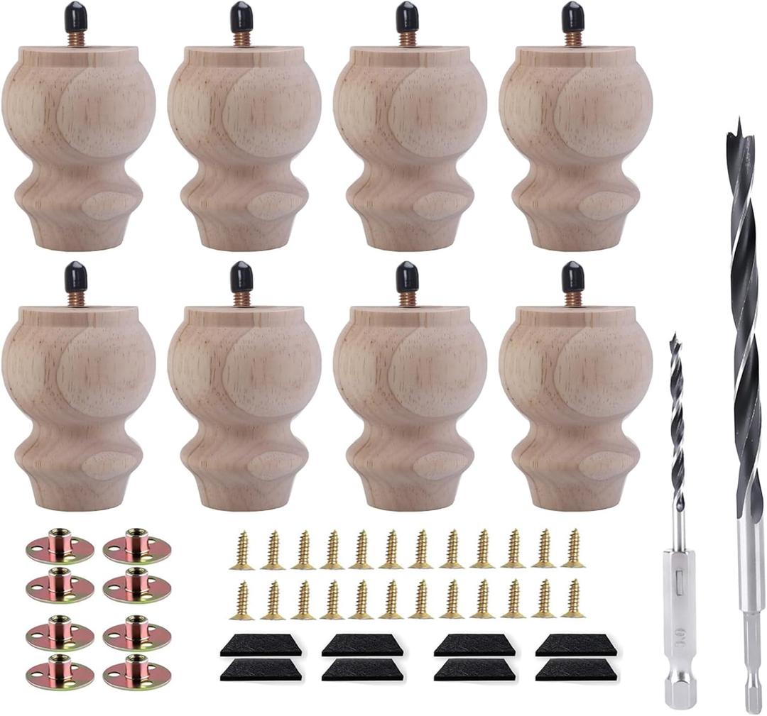 3 Inch Wooden Unfinished Bun Feet for Dresser Legs Couch Sofa Cabinet Ottoman DIY Replacement Wood Furniture Legs Set of 8 M8 Bolt Screw in (3)