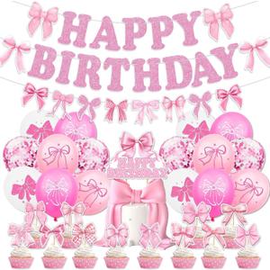 32PCS Pink Coquette Birthday Decorations, Girl Party Supplies, Bow Birthday Party Decor Set
