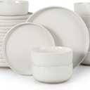 HaWare Stoneware Dinnerware Sets, 24-Piece Plates and Bowls Set for 8, Dishes Set for Home Restaurant, Speckled Milky White