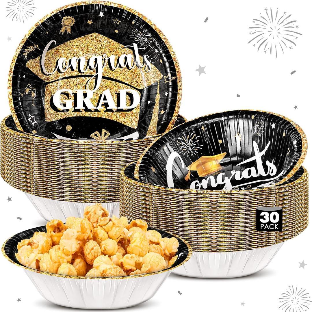 Ziliny 30 Pcs 16 oz Graduation Party Supplies Congrats Grad Disposable Paper Bowls Bulk Class of 2026 Soup Serving Bowl for Cold and Hot Food Salad Cereal Snack Dinner Decoration, 2 Styles (Black)