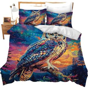 jamie world Owl Bedding Set King Size Animal Forest Duvet Comforter Cover Fantasy Cozy Quilt Cover Decorative Soft Bed Sets with 2 Pillowcases for Kids Adults