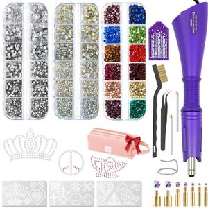 Hotfix Rhinestones Applicator Kit Set 4500 Pcs Crystals (White/AB/Multi-Color) - Bedazzler DIY Craft Includes 19 Pattern Templates, Tweezers, Brush, Storage Bag - for Clothes, Fabric, Jeans (Purple)