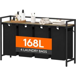 Lifewit Laundry Hamper 4 Section, 168L Pull out Laundry Clothes Basket Organizer with Large Top Shelf and 4 Removable Bags and Handles for Laundry Room Bedroom Bathroom, Black with A Shelf