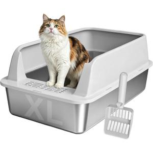 AIPERRO Stainless Steel Litter Box with Lid | XL Metal Enclosed Cat Litter Boxes with High Sided for Big Cats | Anti-Urine Leakage, Non-Stick Boxes with Litter Scoop (Light Gray)