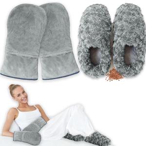 Microwavable Hand Warmers Gloves & Microwavable Slippers Set, Moist Heat Therapy for Hand & Foot,Microwave Heating Gloves & Microwave Feet Warmers for Bed, Washable Covers, Grey, L