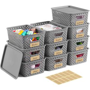 10 Pack Small Plastic Storage Bins with Lids, Stackable Plastic Storage Baskets for Organizing with Handles, Organizer Bins with Labels for Room,Craft,Containers for Pantry Organizers and Storage,Grey