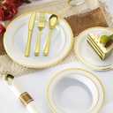 BESTVIP 400PCS Gold Plastic Dinnerware Set, Disposable Party Supplies for 50 Guests - Include 100 Plates, 50 Leak-Proof Soup Bowls, 50 Pre Rolled Napkins with Gold Silverware, 50 Cups