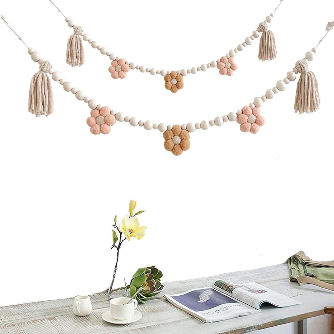 2 Pcs Boho Tassel Garland with Wooden Beads, Daisy Wooden Tassel Garland Decor for Farmhouse Wall Classroom Daisy Birthday Party Banner Baby Shower Decoration