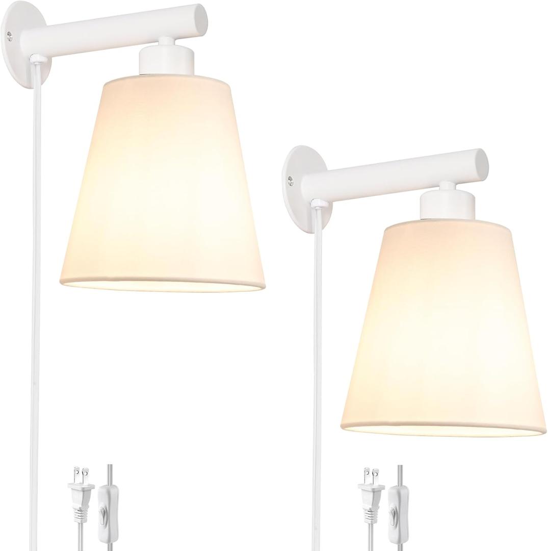 White Plug in Wall Sconces Set of Two, White Wall Sconce with Cord, Bedside Wall Lamps Plug in Set of 2 with Fabric Linen Shade, Wall Decor Bedroom Sconces for Living Room Hallway Porch