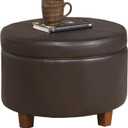 HomePop Round Leatherette Storage Ottoman with Lid, Chocolate Brown Large