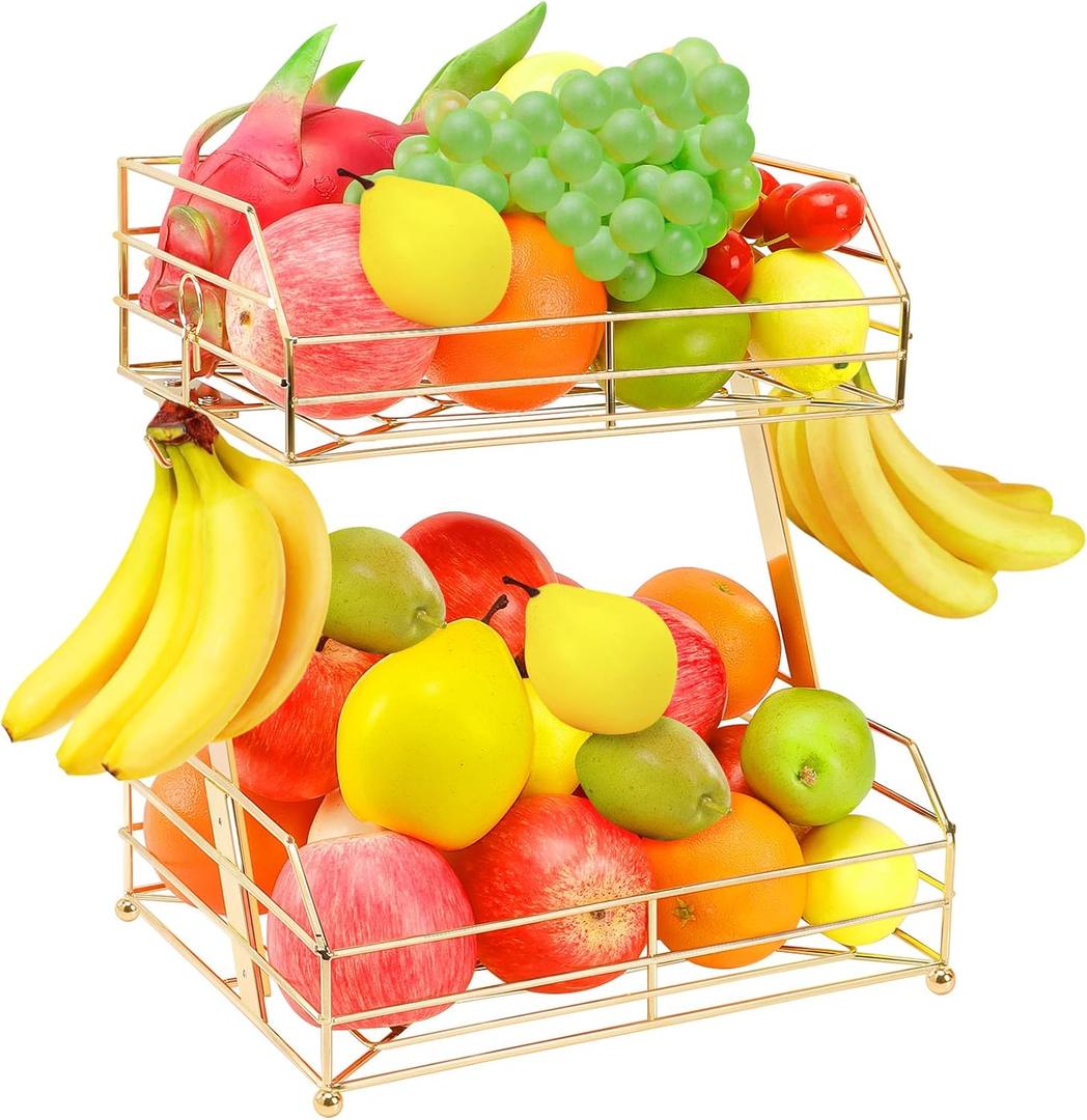 Livabber Fruit Basket for Kitchen, Metal Fruit Storage Bin with 2 Banana Hangers, Countertop Wire Basket Organizer for Vegetable Snack Potato Onion (Gold)