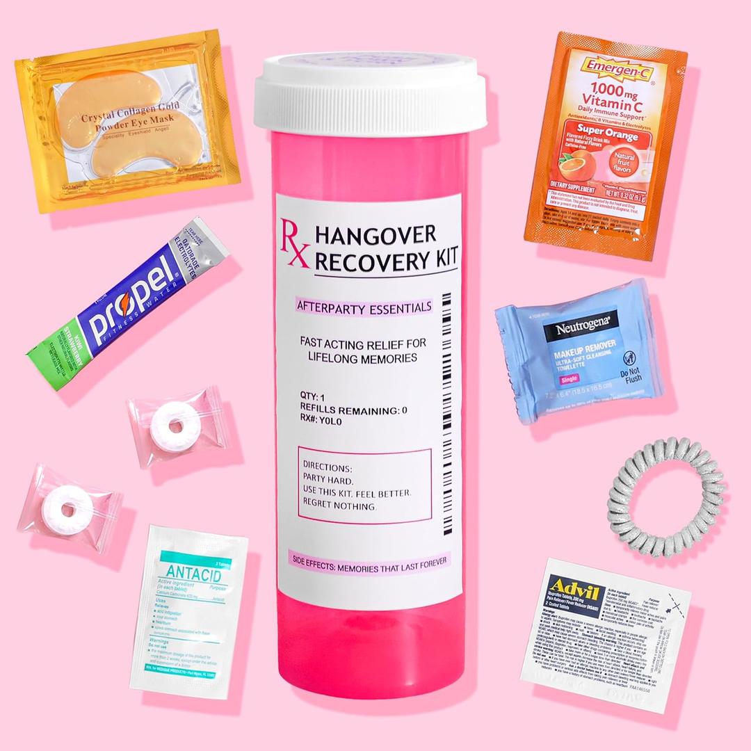 Pre-Filled Hangover Kit for Bachelorette Party Favors, 21st Birthday Gifts for Her, Bridesmaid Gifts in XL Pink Bottle, 8 Pc Bachelorette Party Accessories, Supplies and Decorations BB Date 27/2026 (White Label, 1)