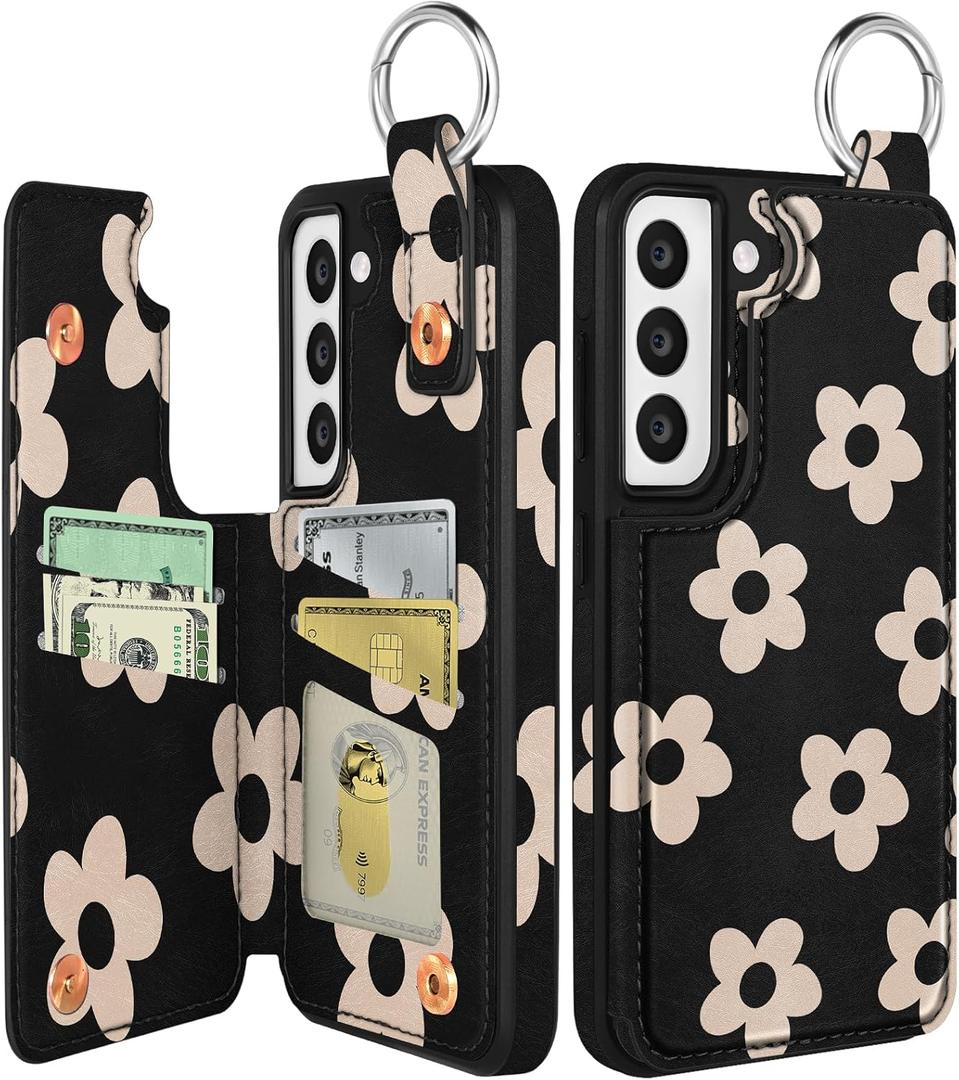 Shorogyt for Samsung S21 Plus Wallet Case with Card Holder - Cute Designer Black Flower Pattern Kickstand Magnetic Clasp Back Flip Folio Leather Phone Cases for Women Men Girls for Galaxy S21 Plus