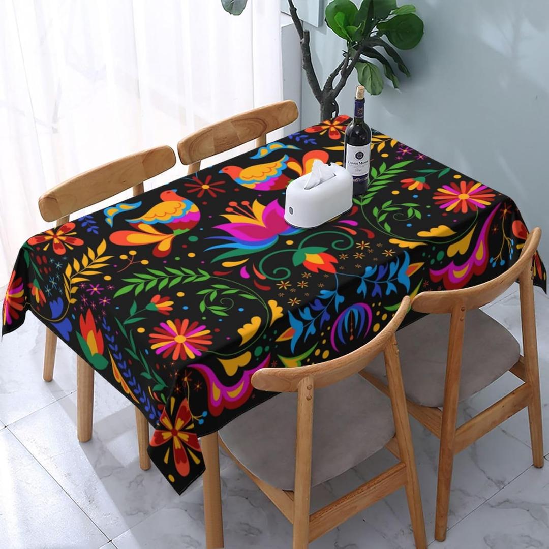 Mexican Floral Table Cloth, Waterproof Mexican Flower Tablecloth for Kitchen Dining Room, Picnic Party, Weddings, Outdoor Indoor 54x72 in Rectangle Black Table Cover