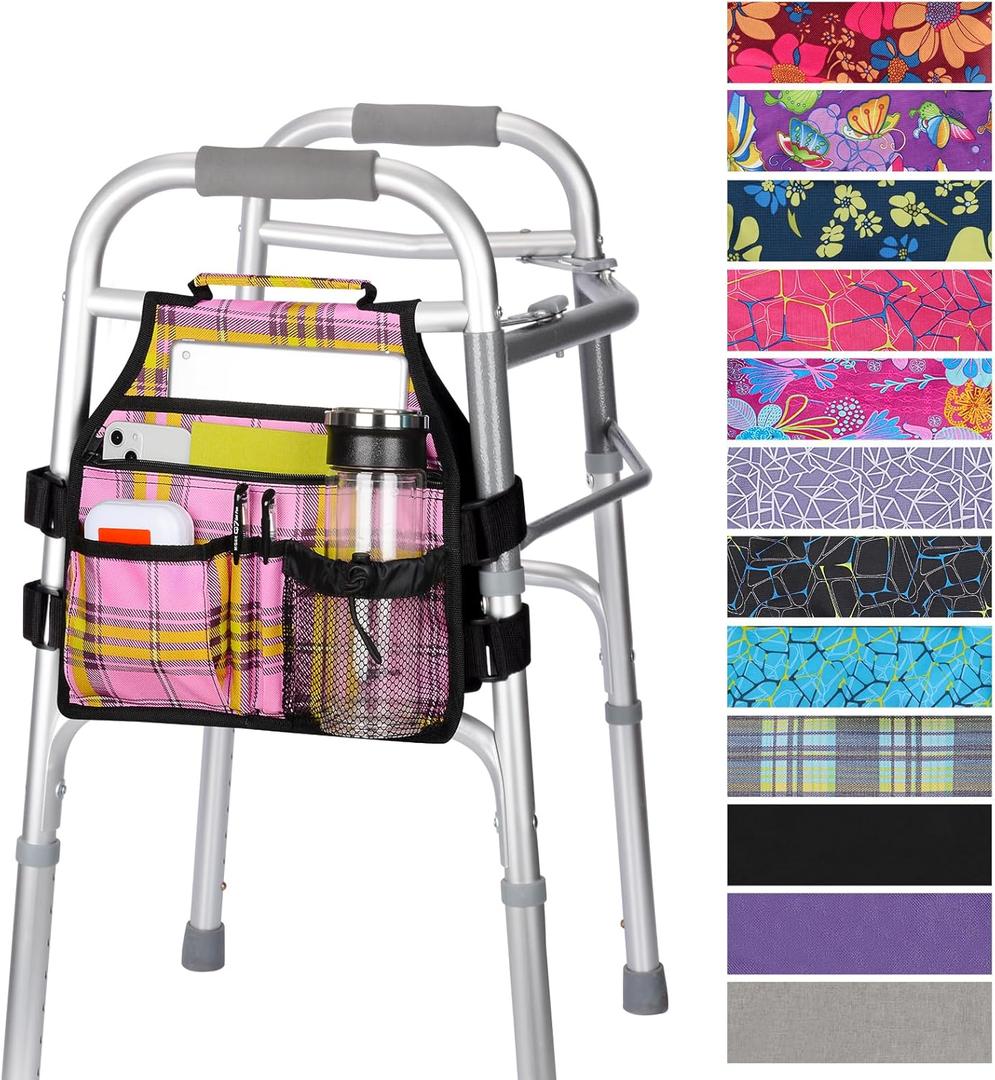supregear Side Walker Bag, Walker Accessories Bag w/Cup Holder, Folding Walker Basket Waterproof Walker Organizer Caddy Pouch for Most Walker with Side Bar for Seniors, Elderly, Double Sided (Plaid Pink)