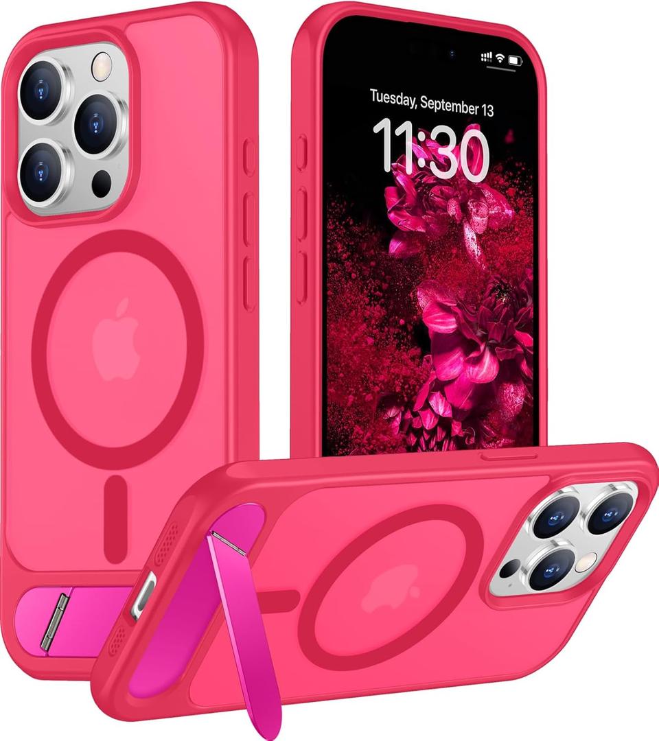 Temdan Magnetic Compatible with iPhone 15 Pro Max Case, [Built-in Invisible Kickstand][Compatible with MagSafe][Military Grade Shockproof] Slim Translucent Matte Phone Case for iPhone 15 Pro Max 6.7" (Hot Pink)