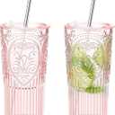 2 Set 20oz Vintage Plastic Tumbler with Lids and Straws Ribbed Floral Drinking Glasses Reusable Iced Coffee Cups for Water Juice Smoothie Cocktail Travel Party Events Gift (Pink)