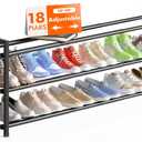 Bumusty 3-Tier Long Expandable Shoe Rack for Closet, 18"-44" Adjustable Shoe Rack for Entryway, 15-18 Pairs Large Shoe Organizer Shelf Storage, Sturdy Metal, Black