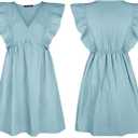 FANCYINN Women's Summer Casual Babydoll Mini Dress Ruffle Sleeveless Deep V Neck Pleated Swing Flowy Tunic Dress