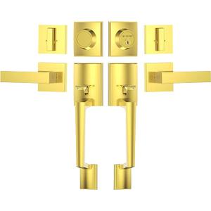 TICONN Double Front Door Handle Set, Heavy Duty Square Door Lever and Single Cylinder Deadbolt Combo for Side by Side Entrance Exterior Doors (Polished Brass)
