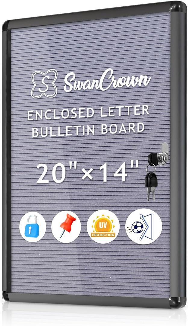 SWANCROWN 20x14 in Enclosed Bulletin Board, Lockable Felt Letter Board Sign