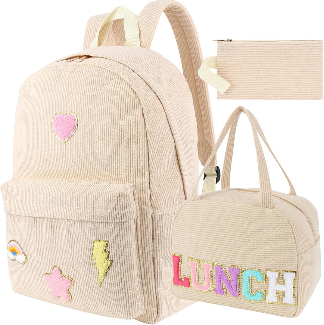 Kolewo4ever 3 Pieces Corduroy School Backpack Set Preppy Book Corduroy Chenille Letter Bookbag with Lunch Bag and Pencil Pouch for Teen Girls Women Laptop Backpack College Bookbags (Beige)