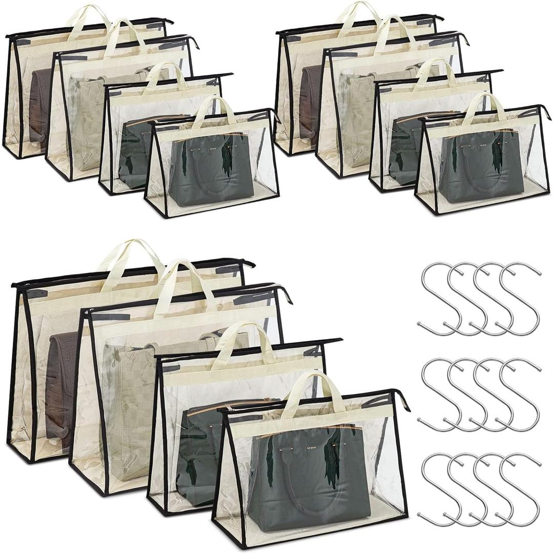 Interesse 12 Packs Dust Bags for Handbags, Clear Handbag Storage, Purse Storage Organizer for Closet, Purse Cover Hanging Closet Organizer with Zipper and Handles (4 Sizes-12PCS-Beige, Beige)